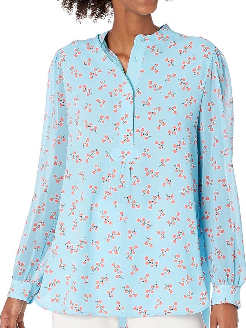 Anne Klein Turquoise Blouse with Pink Floral Print
